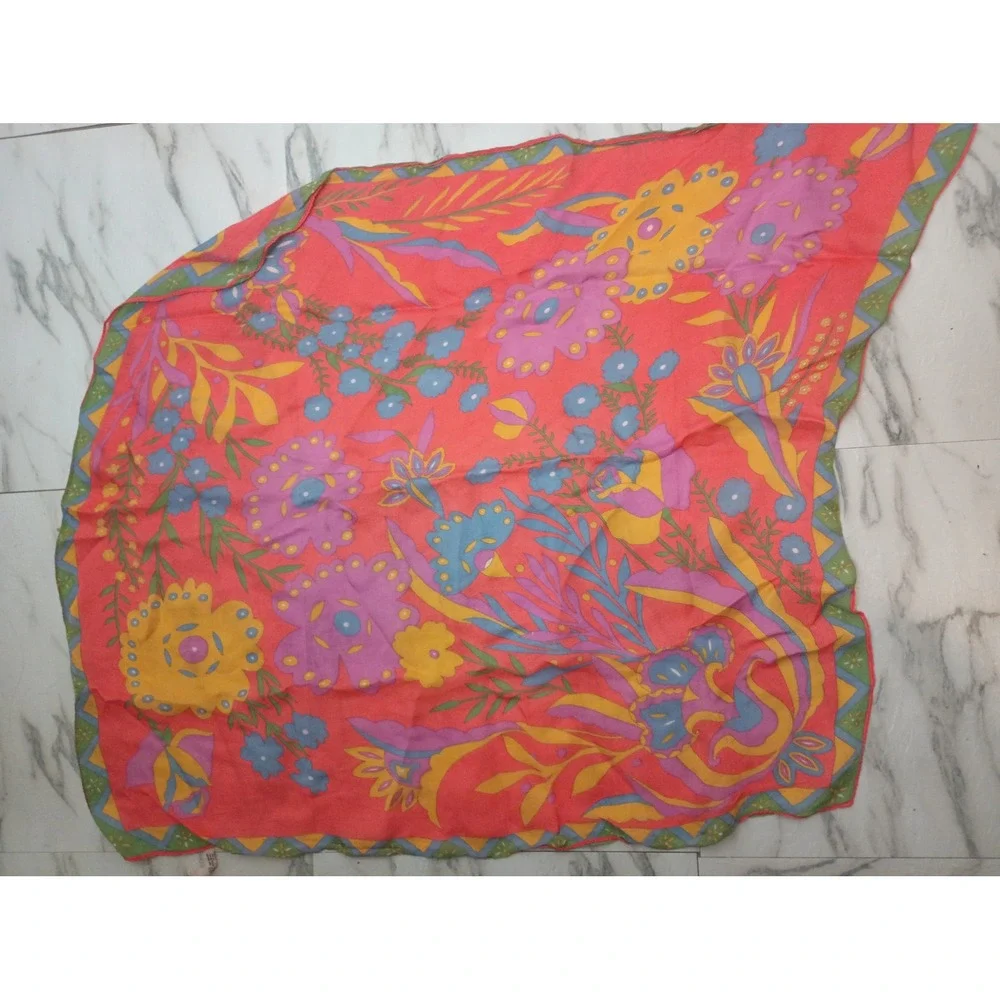 Vintage Made in Italy Floral Scarf Pink Yellow Blue Acetate Square Neckerchief